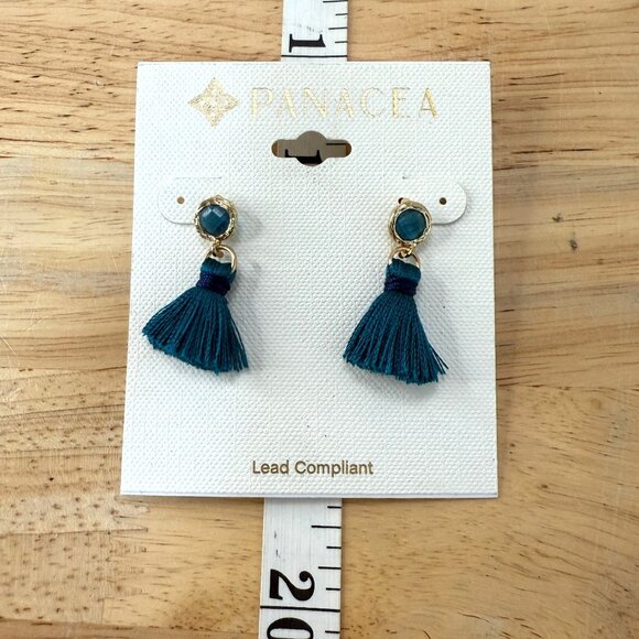 Panacea Teal Tassel Drop Earrings With Gold Accents - Picture 3 of 9